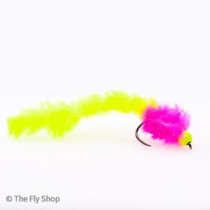 Hot Pink And Chartreuse Hot Head Eggstacy Worm is a fantastic bung fly. The egg fly itself is a deadly fly but using the material as a tail creates amazing movement, even when fished static that rainbow trout find irresistible. 