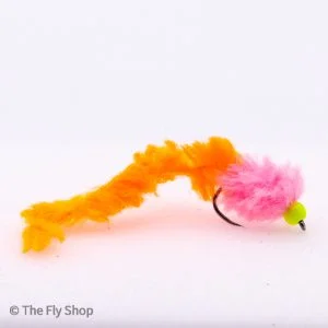 Pink And Orange Yellow Hot Head Eggstacy Worm is a fantastic bung fly. The egg fly itself is a deadly fly but using the material as a tail creates amazing movement, even when fished static that rainbow trout find irresistible.