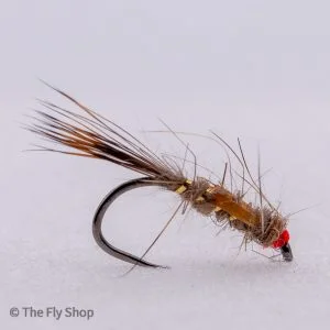 This version of a gold ribbed hare's ear with the added hot spots of jungle cock cheeks and a bright red head makes this a real versatile, suggestive, imitative pattern which works great for stocked and resident rainbow trout.