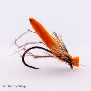Gazzas Orange Stabilized Daddy this was designed by Gazza for Rutland. The fish were chasing foam daddies but the foam daddys would spin the cast up. He added deer hair wings as stabilisers this stopped leader twist. This can be fished as a wet fly or dry fly it has a great profile on the water.